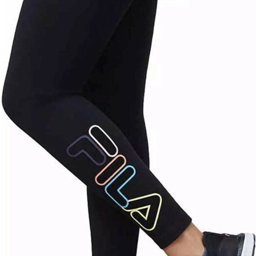 Fila Cotton High Rise Waisted Tight Leggings Black Neon Logo Womens - Picture 8 of 9